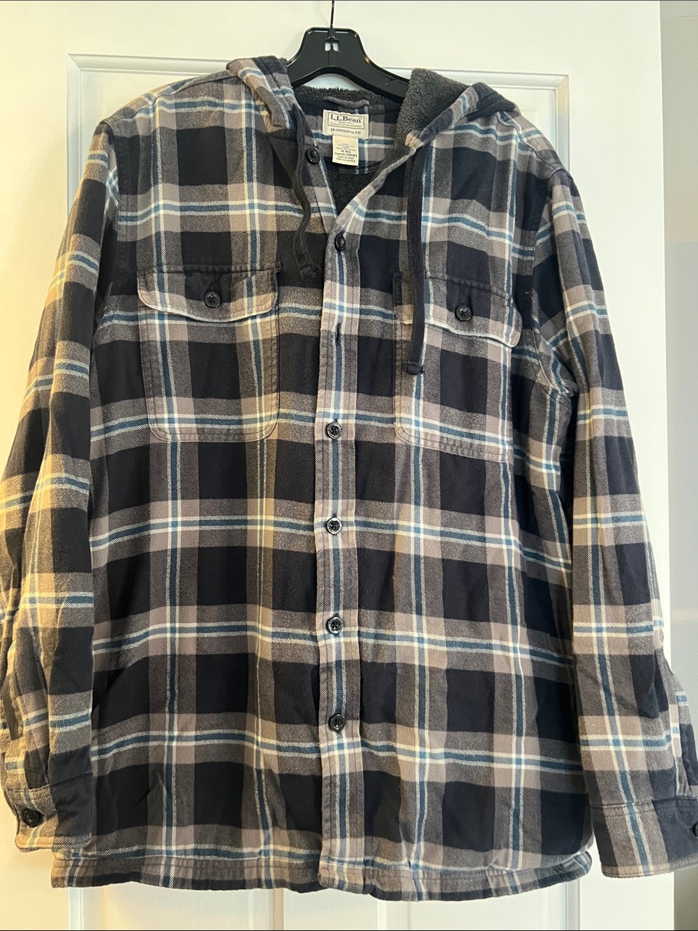 L.L. Bean Men's Navy and Tan Plaid Hooded Shirt Jacket